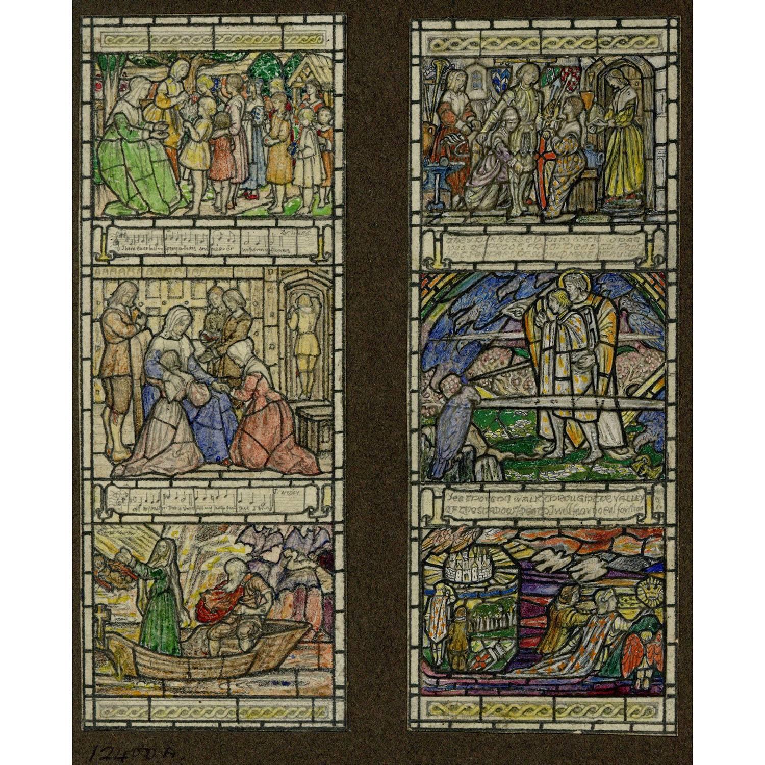 Florence Camm Landscape Art - King Arthur Stained Glass Window Design with Wesley Hymn watercolour For TW Camm