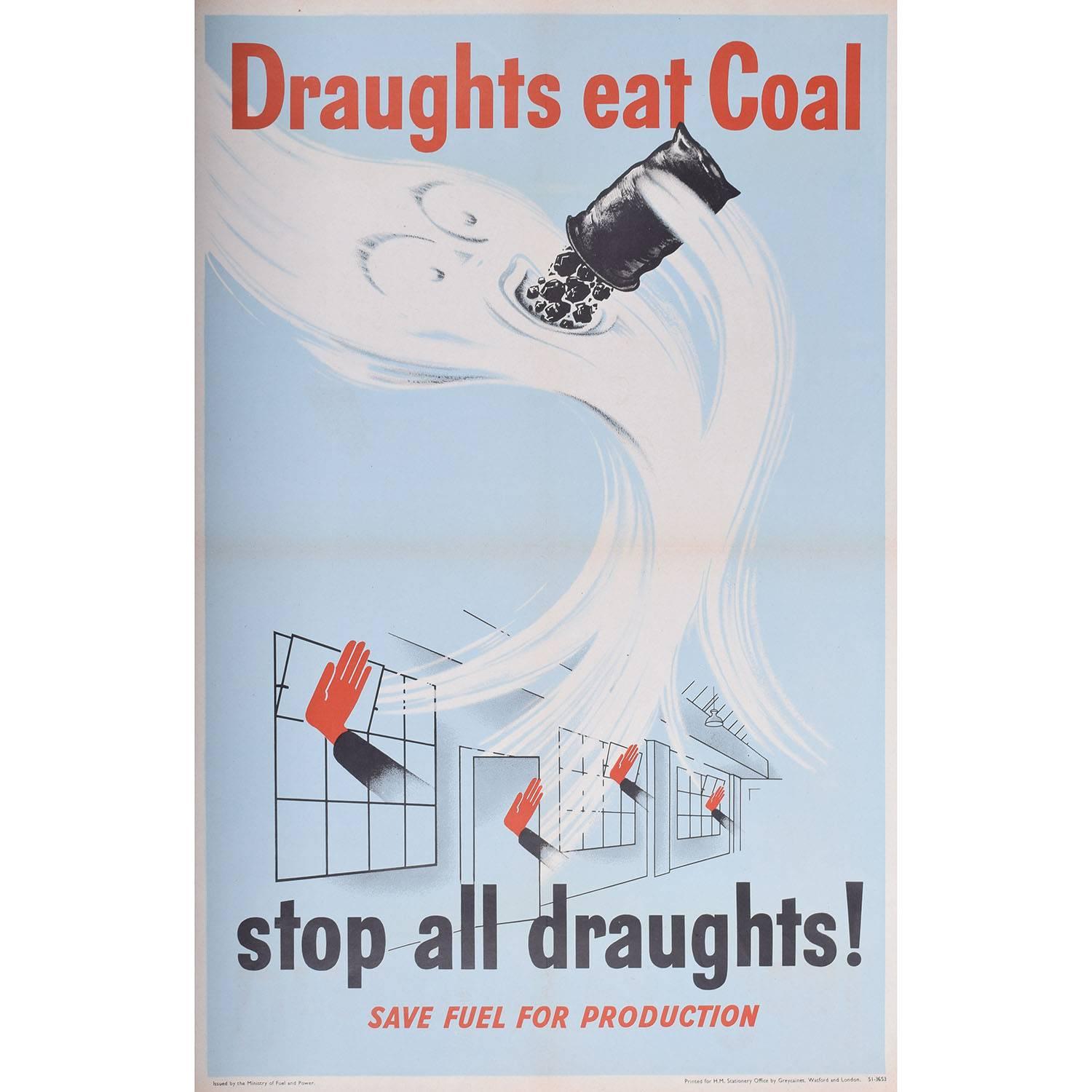 Draughts Eat Coal Original Vintage Poster - WW2 Fuel Efficiency Green Energy Eco