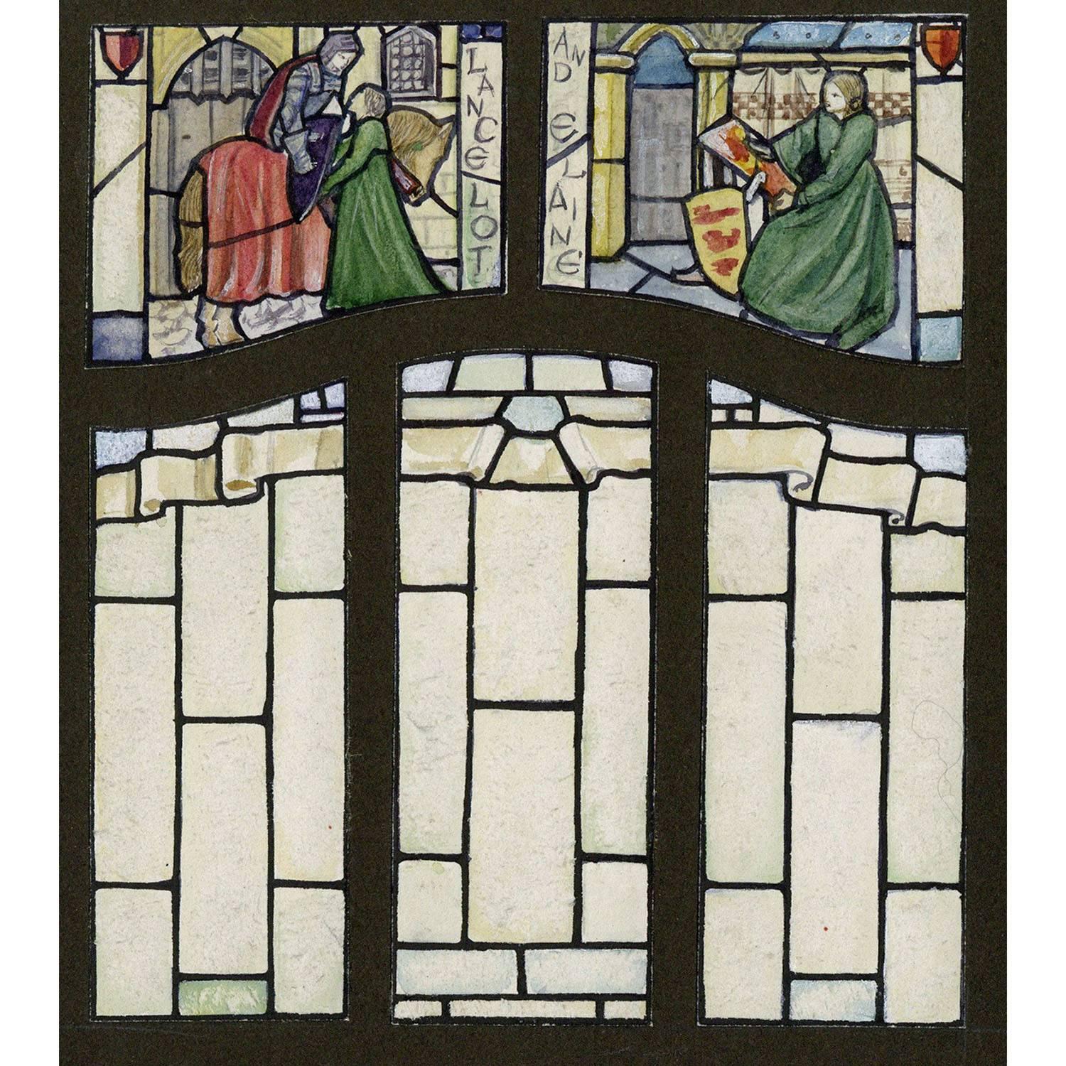 Florence Camm Landscape Art - Sir Lancelot and Elaine  Arthurian Stained Glass Window Design For TW Camm 