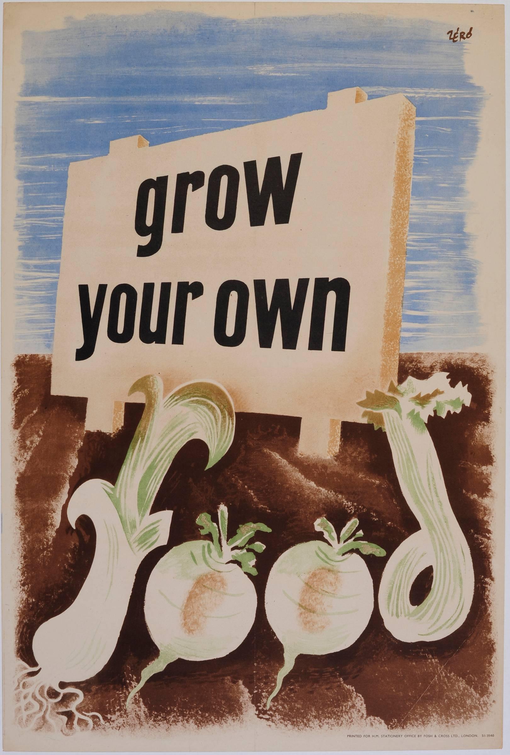 « Zero » Hans Schleger Grow Your Own Food - Affiche vintage d'origine surréaliste