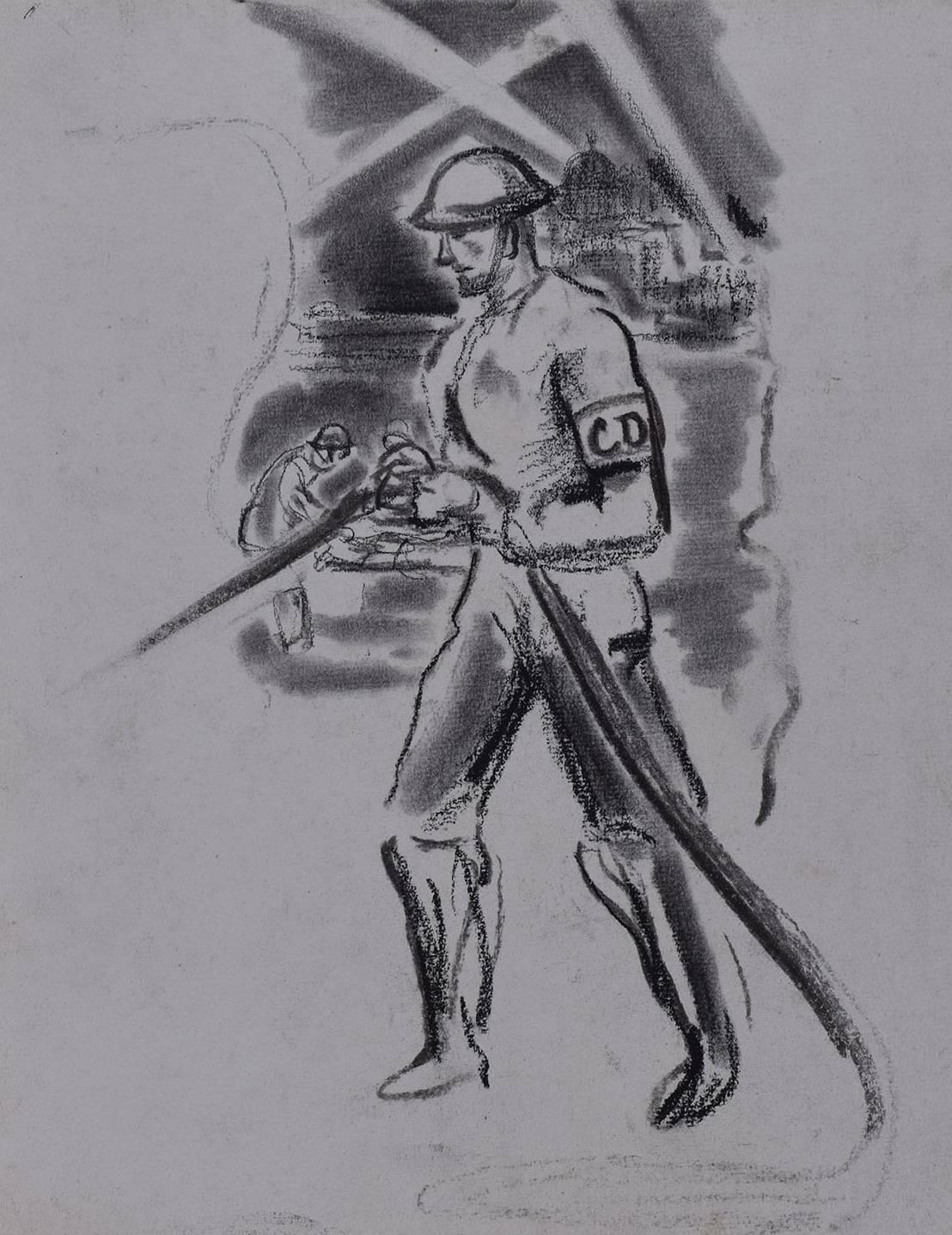 Unknown Landscape Art - The Blitz: A Civil Defence Firefighter before St Paul's Cathedral, London 1940