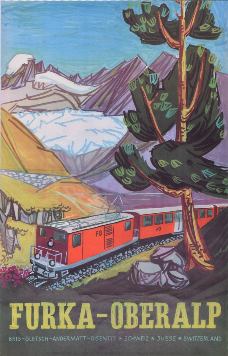 Hugo Schol Furka Oberalp Bahn Train original vintage poster Switzerland skiing - Print by Hugo Schol