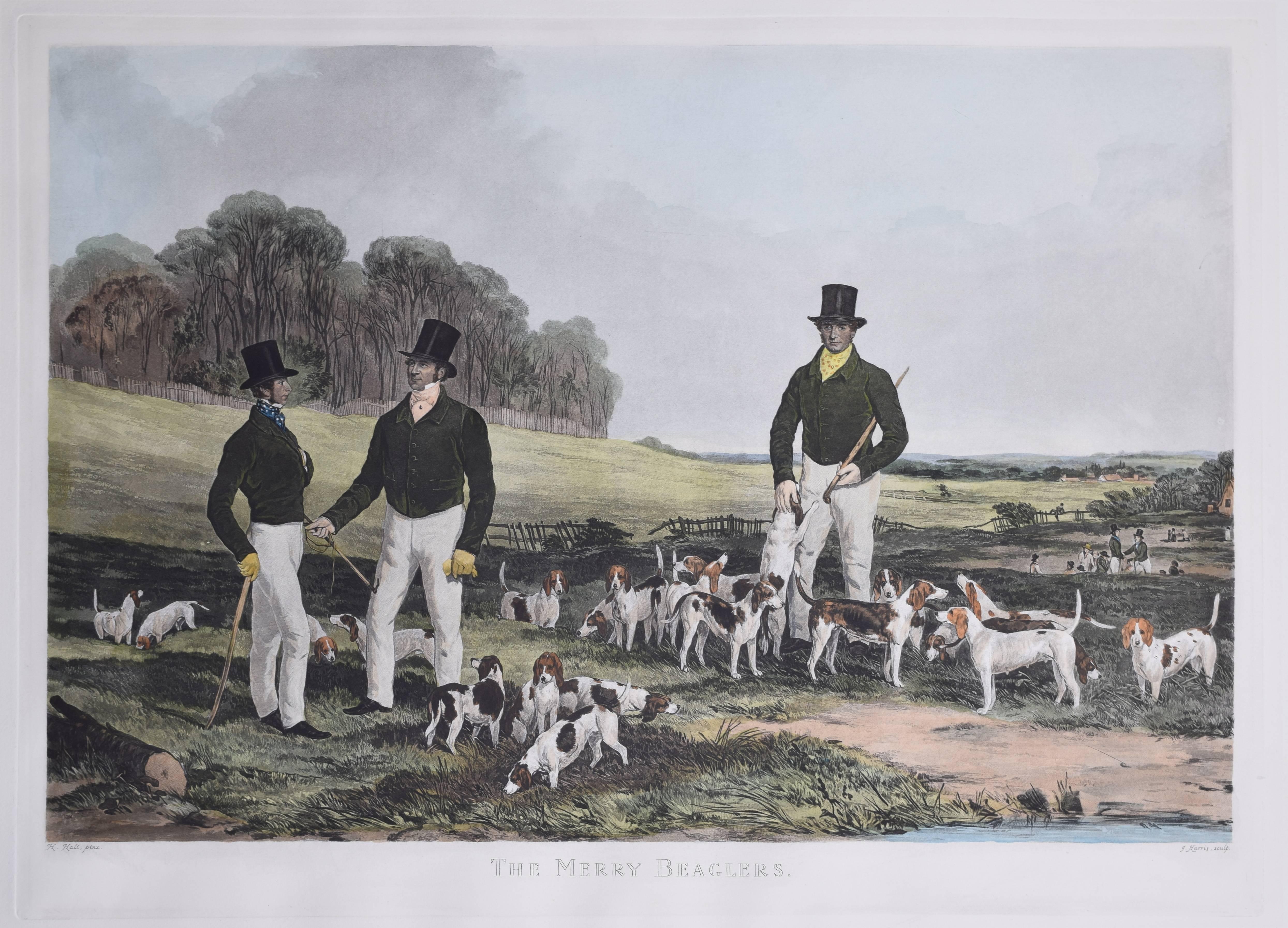 John Harris the Younger Landscape Print - The Merry Beaglers restrike aquatint by John Harris after Harry Hall