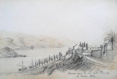 Antique Oscar Andreae: La Corniche Monaco drawing April 1862