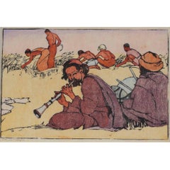 Antique Mabel A. Royds The Lamas Harvest Woodblock print c.1920 