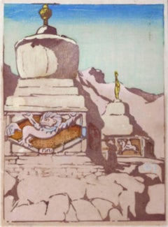 Mabel A. Royds Chortens Ladakh Stampa su legno c1920 Monumenti buddisti indiani