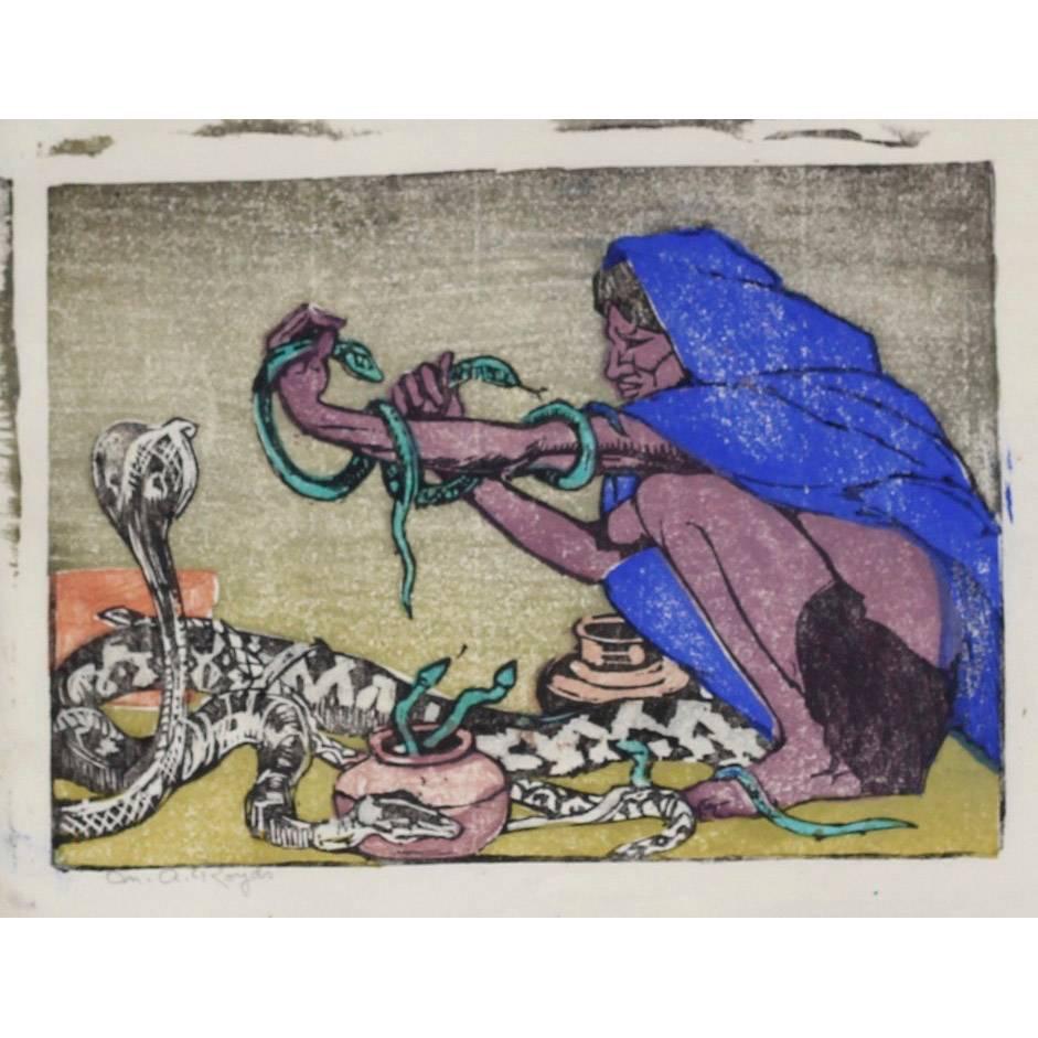 Mabel A. Royds The Snake Charmer Woodblock print c.1920 - Print by Mabel Allington Royds