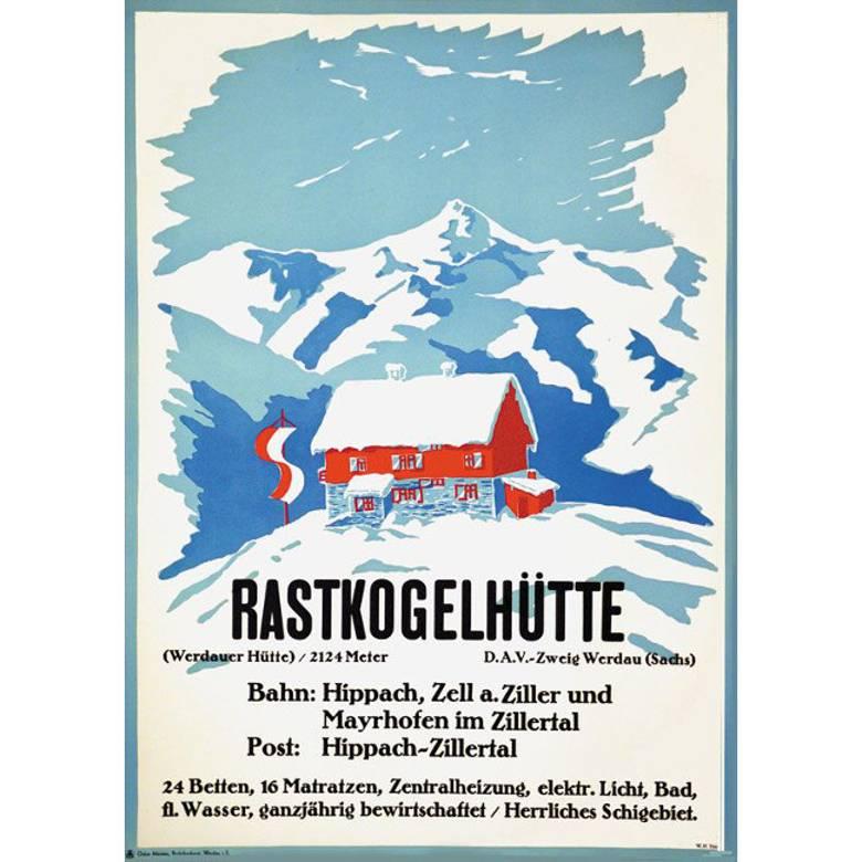 W.H. Tittel Landscape Print - W H Tittel Rastkogelhütte Original Vintage Skiing Climbing Travel Poster Austria