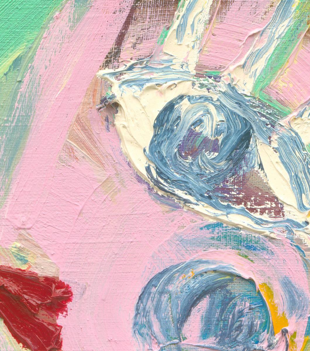 Jay Miriam’s portraits of women bring a 21st century, feminist perspective to the traditional nude and are marked by the artist’s sensual brushstrokes and undeniable sense of humor. This figure—fleshy, colorful and practically bursting out of the