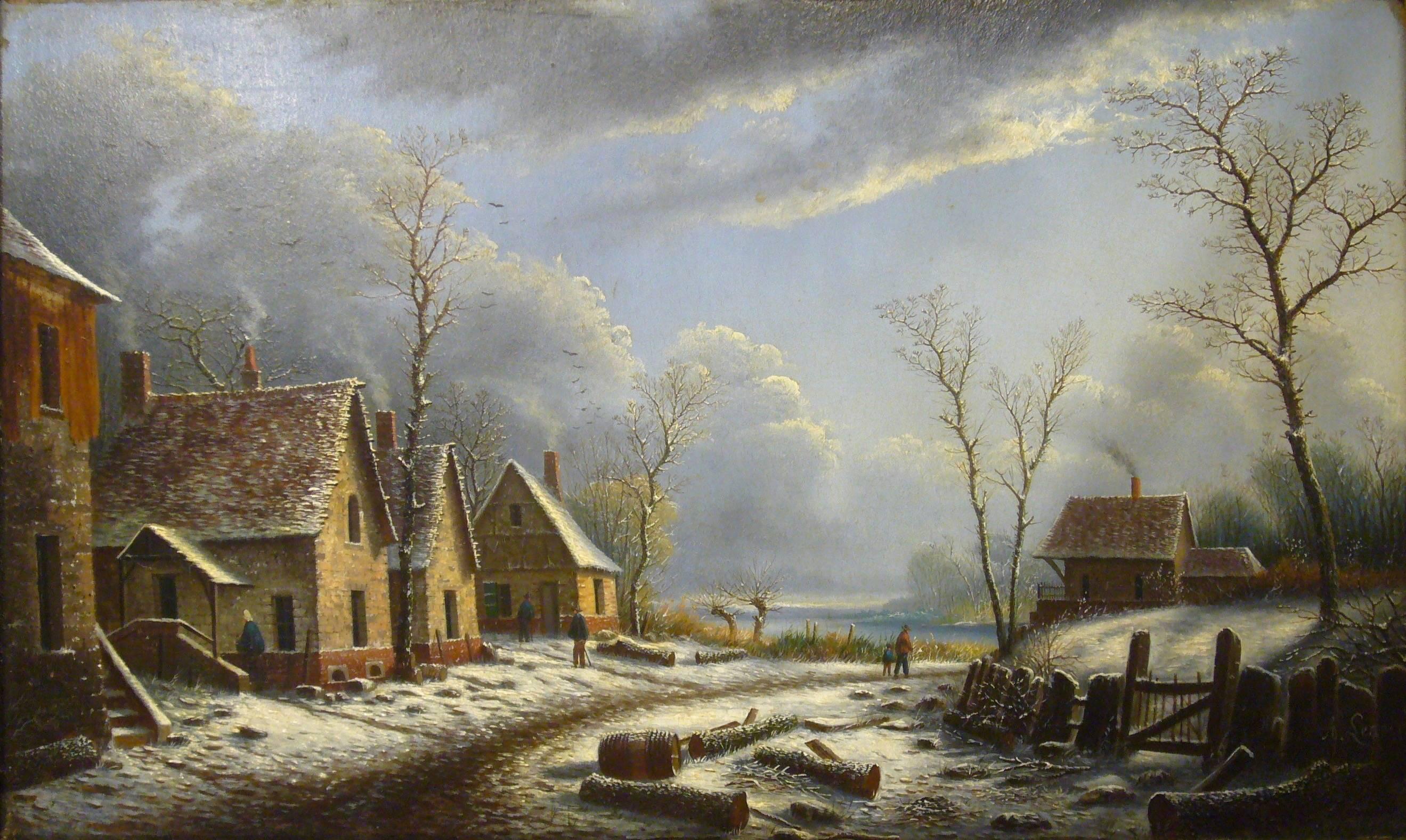 Village paysage enneigé en hiver - (Village Landscape in Winter) - Painting by Albert Alexandre Lenoir