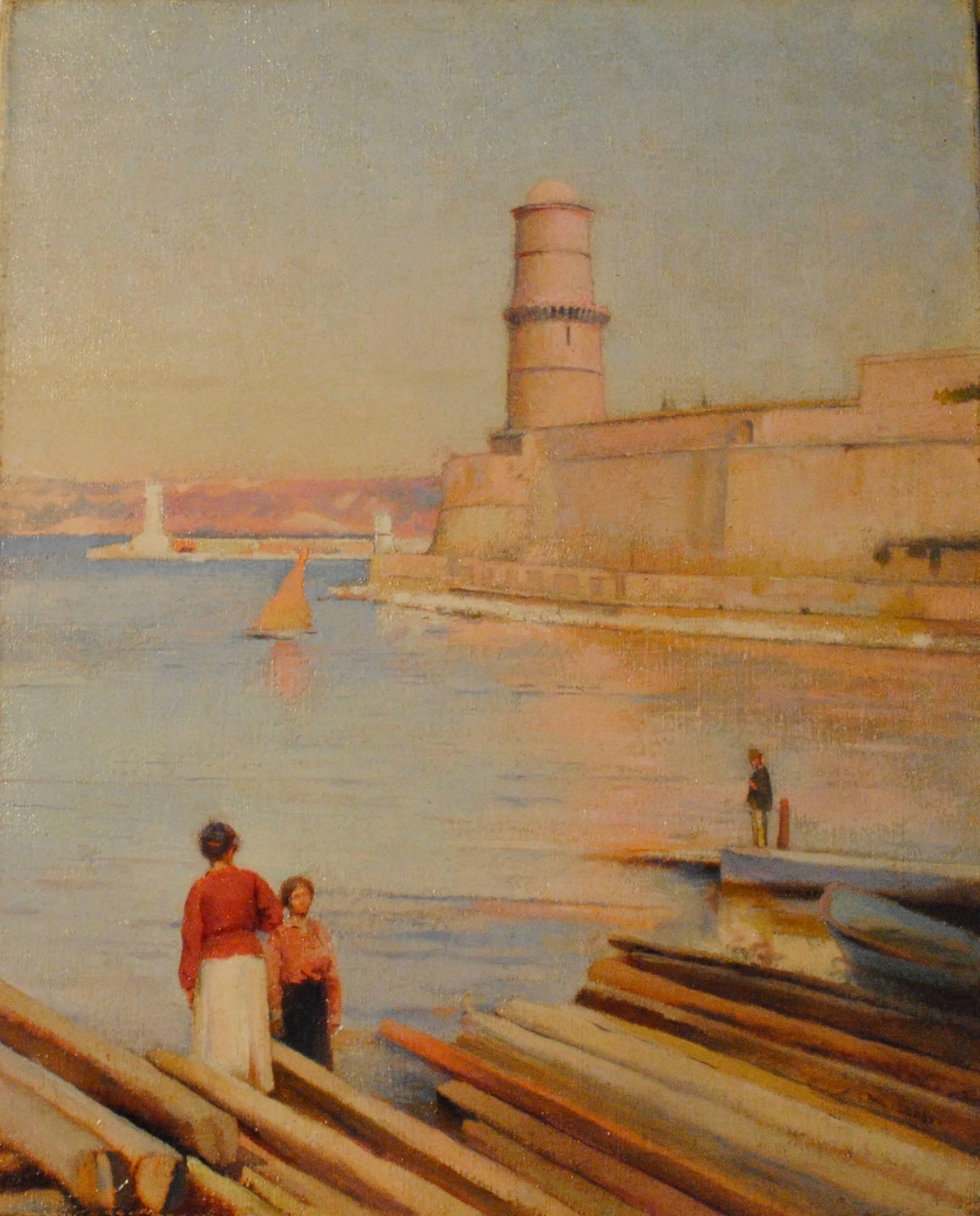 Paul Leroy Landscape Painting - Ensoleillé matin au Phare de Marseille -  (Sunny Morning at the Lighthouse)