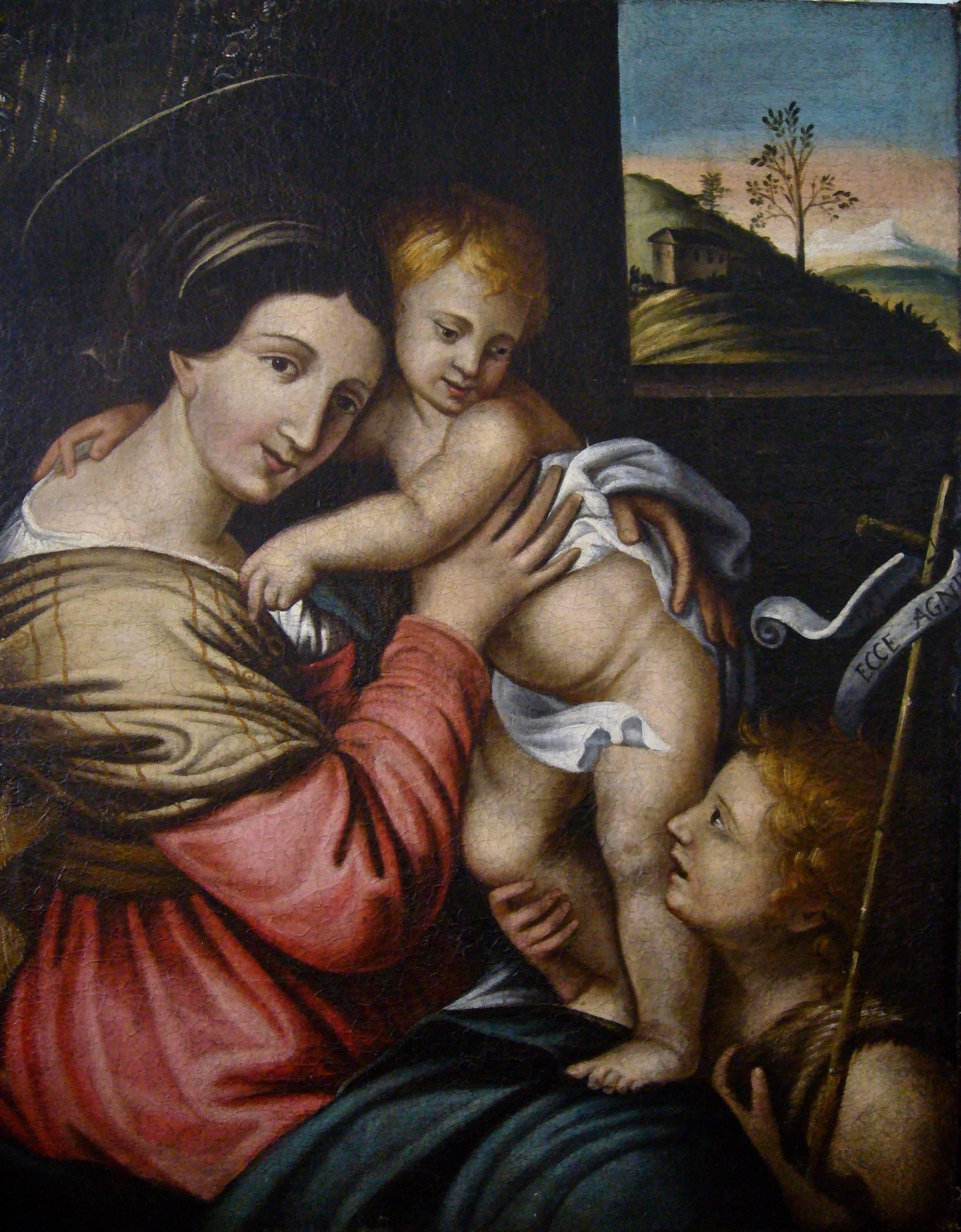 Giovanni Francesco Barbieri (Il Guercino) Portrait Painting - Madonna con Gesù Bambino e San Giovanni Battista - Madonna with Christ Child 