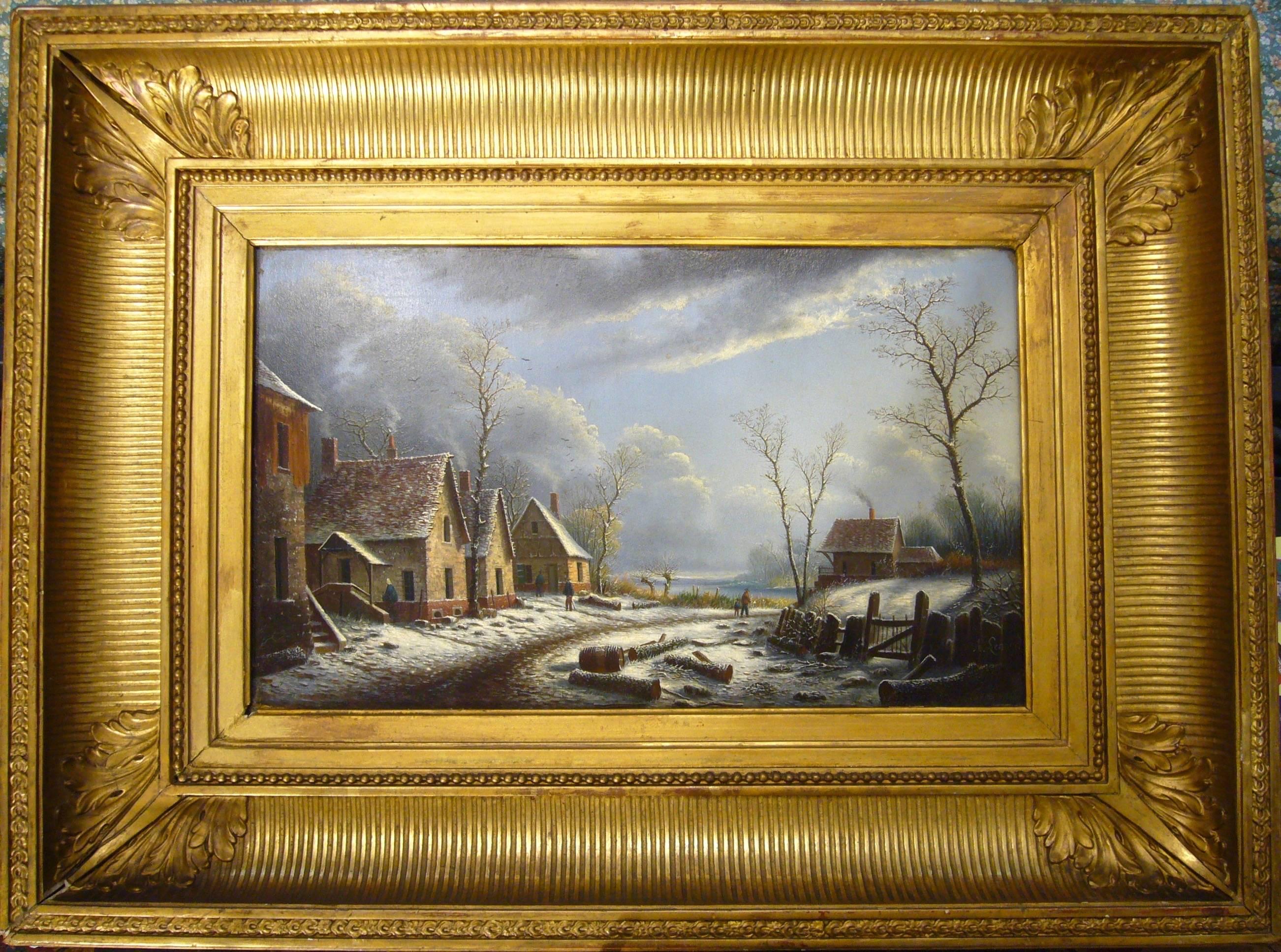 Albert Alexandre Lenoir Landscape Painting - Village paysage enneigé en hiver - (Village Landscape in Winter)