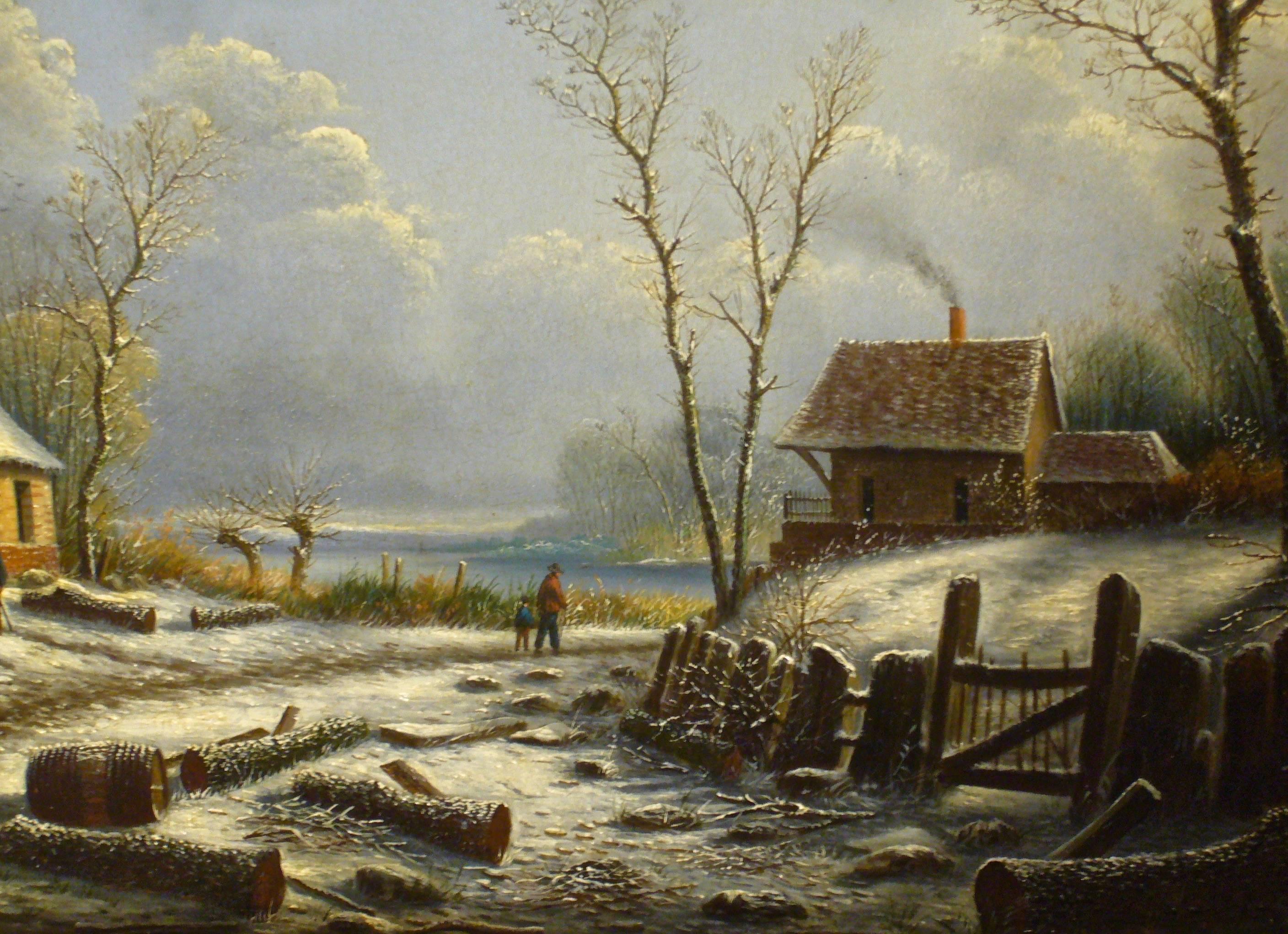 "Village paysage enneigé en hiver" ("Snowy Village Landscape in Winter")
Albert Alexandre Lenoir (1801-1891)

Original Antique Old Master Oil Painting, oil on chamfered wooden panel, c. 1845

A pristine oil painting, rendered by