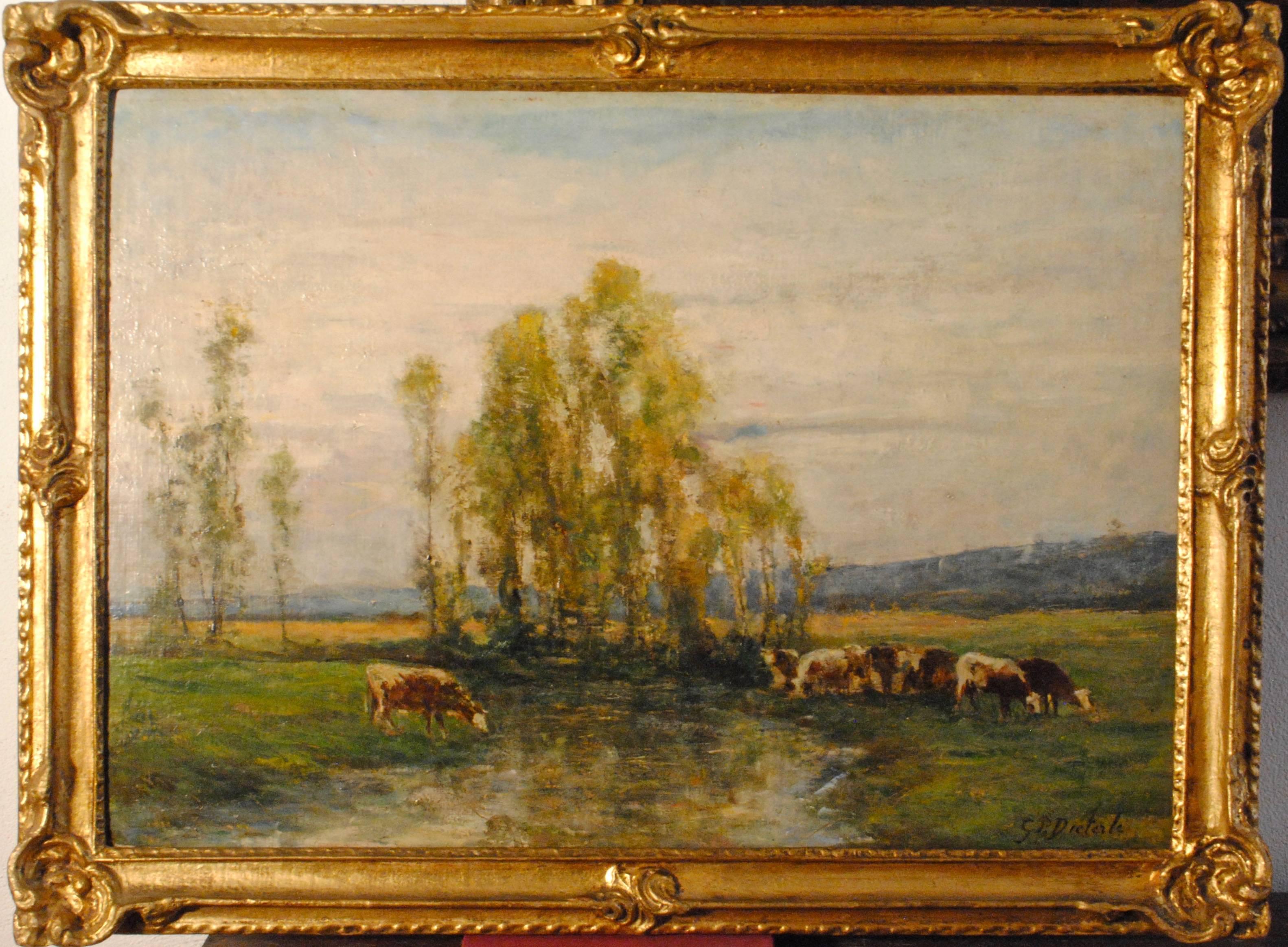 Huit vaches au pâturage par un ruisseau - (Eight cows on pasture by a stream) - Painting by Pierre Georges Dieterle