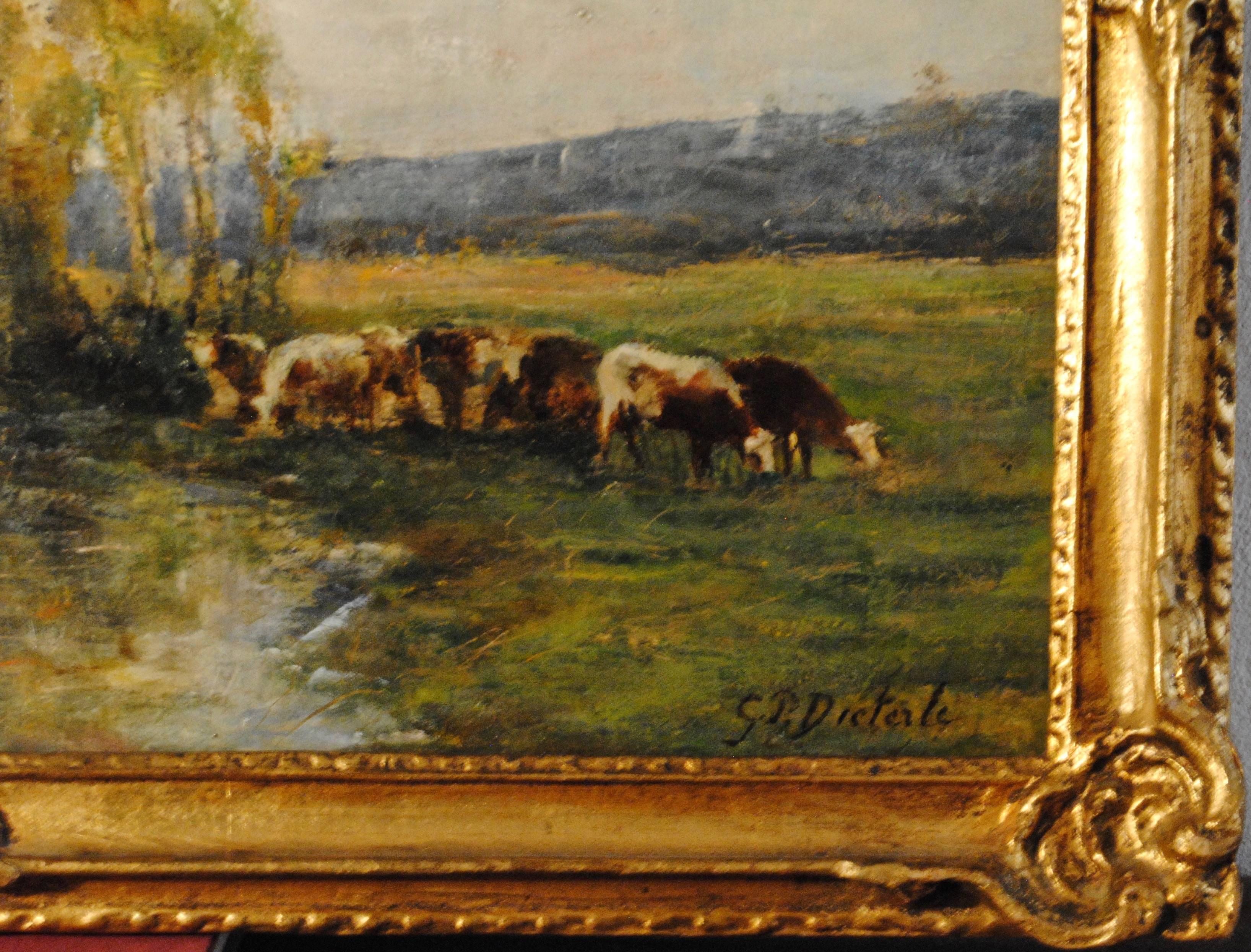 Huit vaches au pâturage par un ruisseau - (Eight cows on pasture by a stream) - Barbizon School Painting by Pierre Georges Dieterle