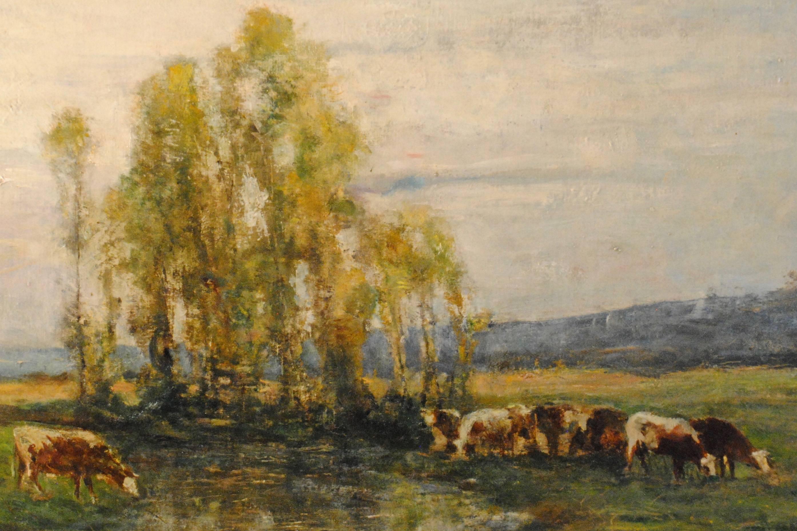 "Huit vaches au pâturage par un ruisseau" ("Eight cows on pasture by a stream")

Signed Barbizon Oil Painting on canvas,  Georges Pierre Diéterle, c. 1888.

"Huit vaches au pâturage par un ruisseau," c. 1888
Georges