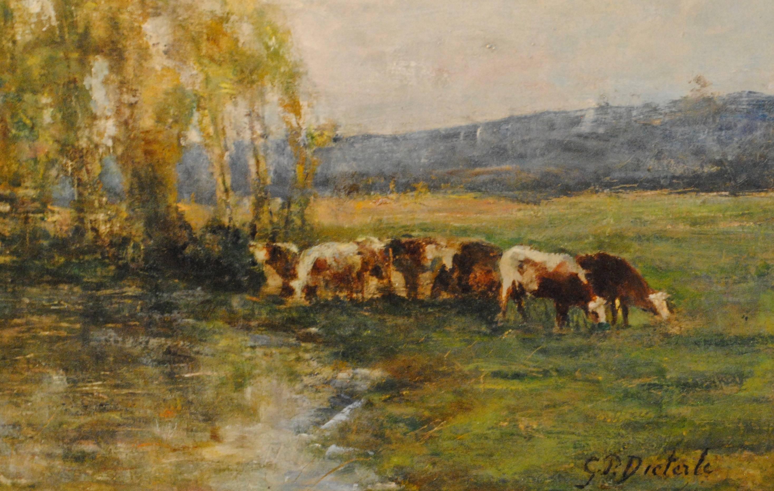 Huit vaches au pâturage par un ruisseau - (Eight cows on pasture by a stream) For Sale 1