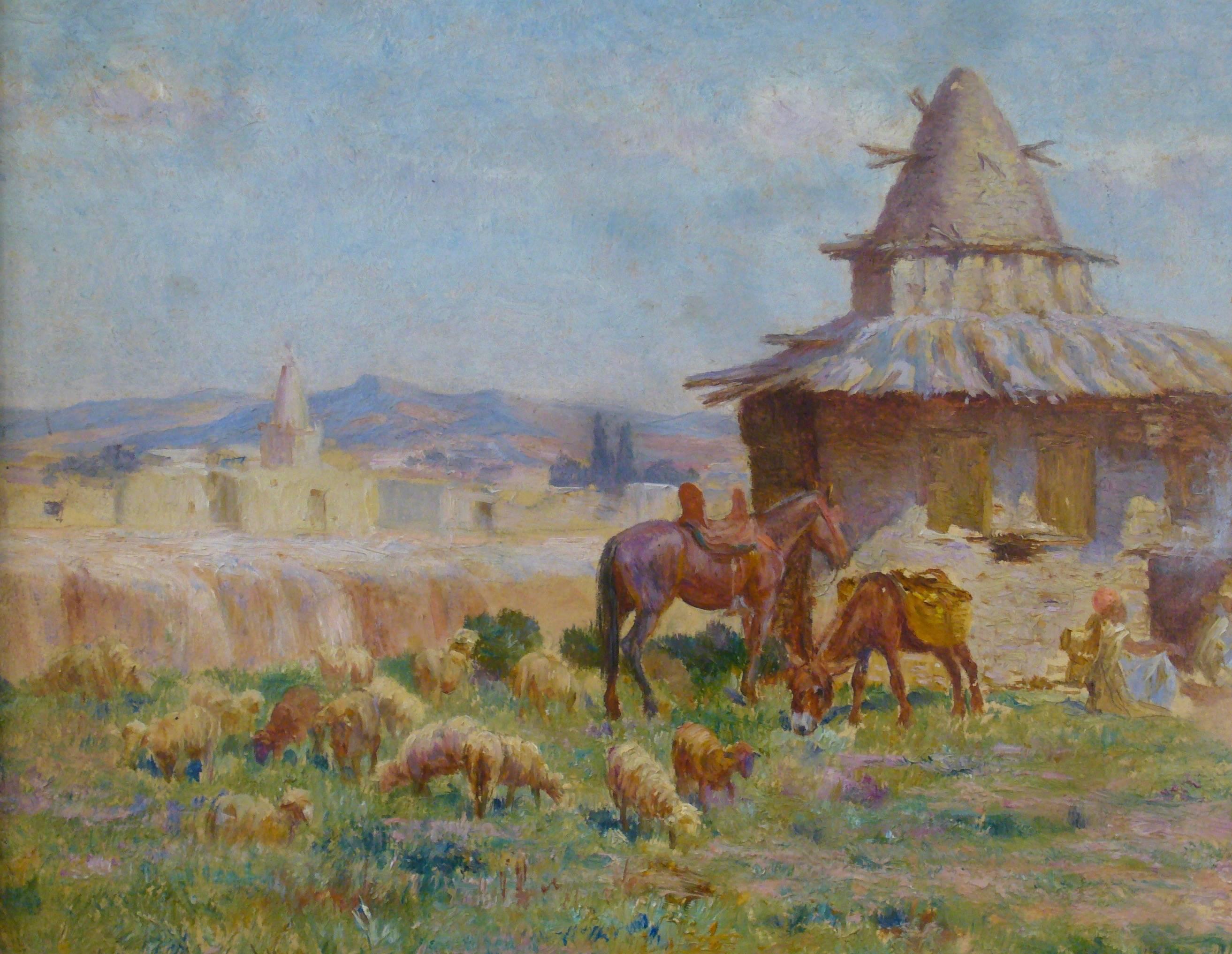 "Cabane de l'ermite algérien de M'Sila"

"Cabane de l'ermite algérien de M'Sila"  ("Hut of Algerian Hermit of M’sila, Algeria")
French/American Orientalist Impressionist Oil on Artist’s Panel, c. 1885

John Lewis