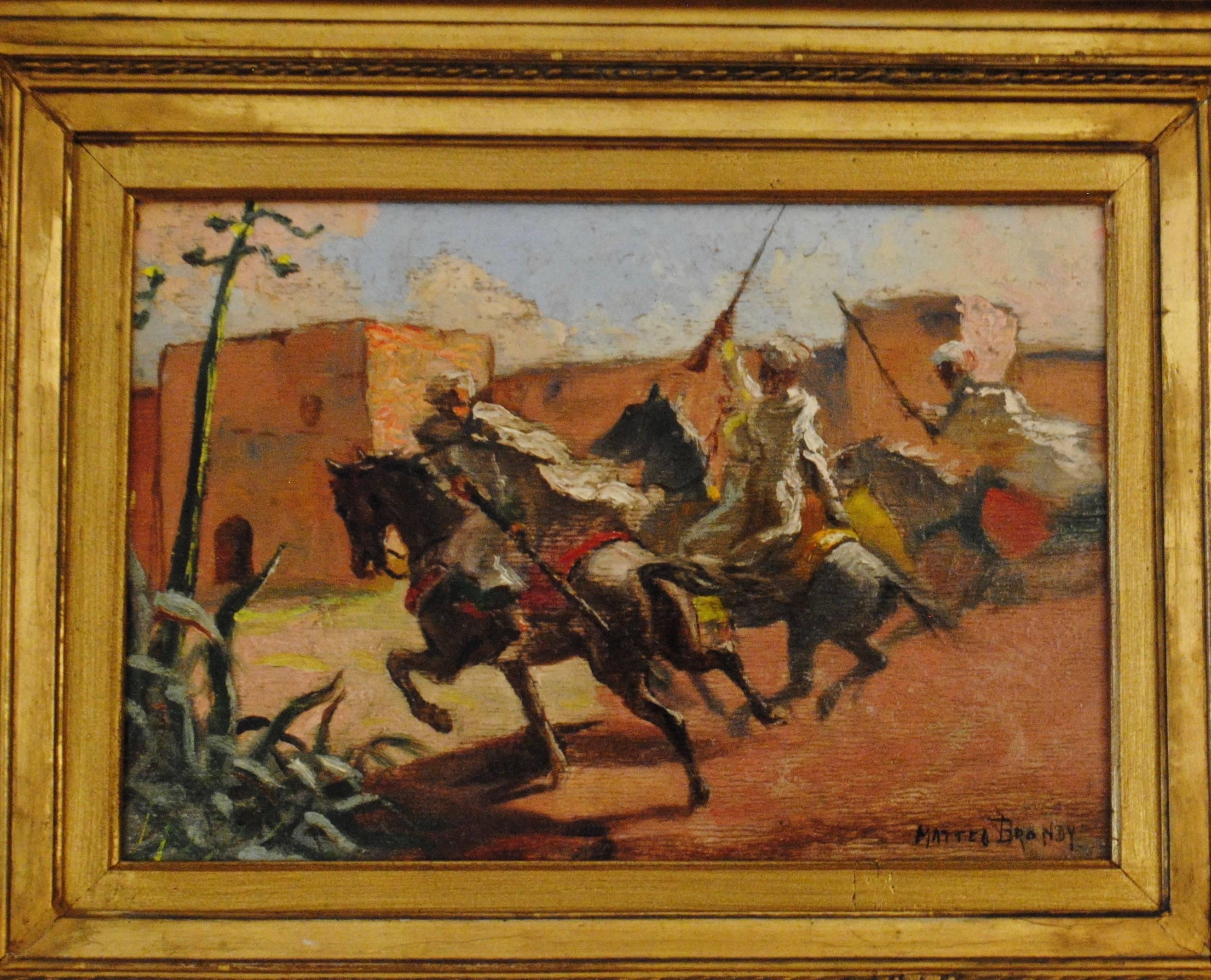 "Cavaliers arabes aux murs de Marrakech"  
("Arab Horsemen at the Walls of Marrakech”)

Signed French Orientalist Oil Painting, Mattéo Brondy, c. 1915

Mattéo Brondy  (1866-1944)

Mattéo Brondy was winner of the National Veterinary