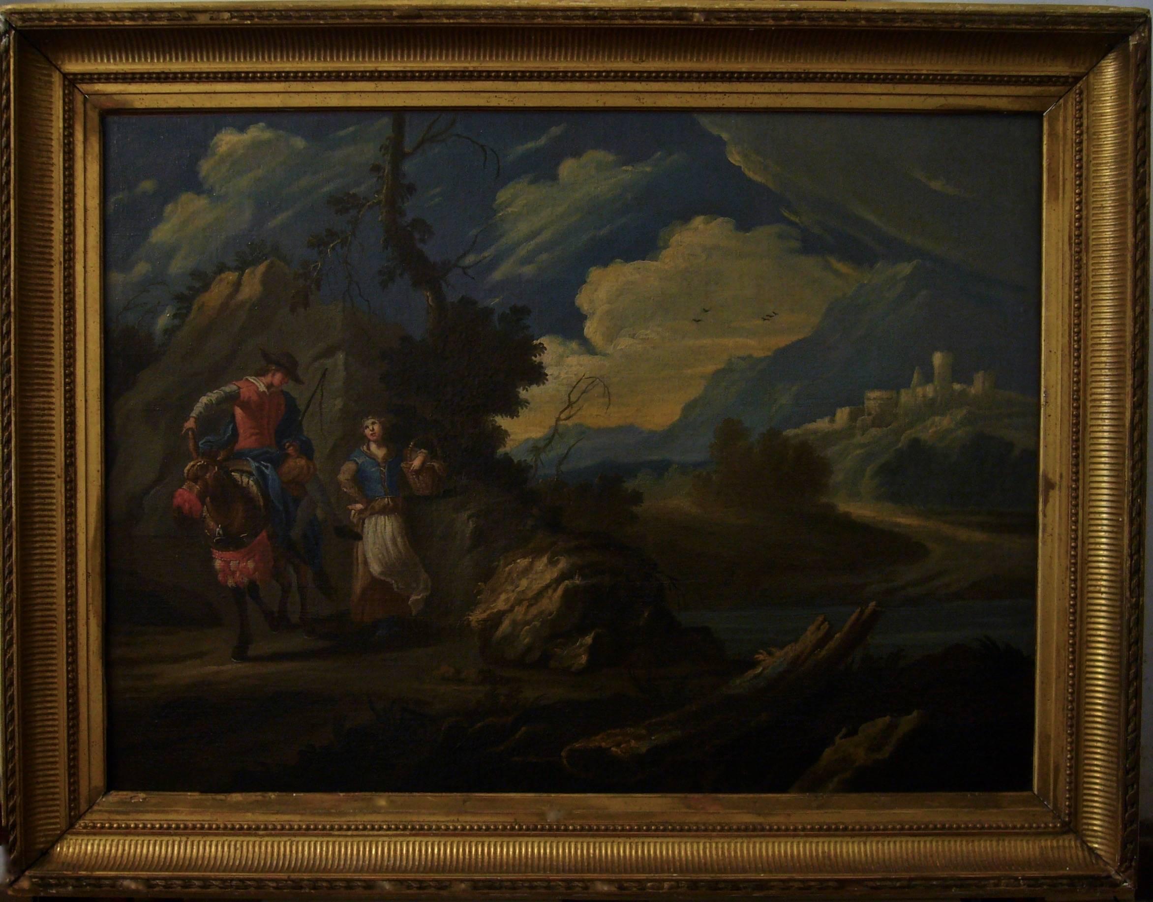 Couple sur une colline rocheuse au-dessous d'une rivière -Couple on a Rocky Hill - Painting by Claude-Joseph Vernet