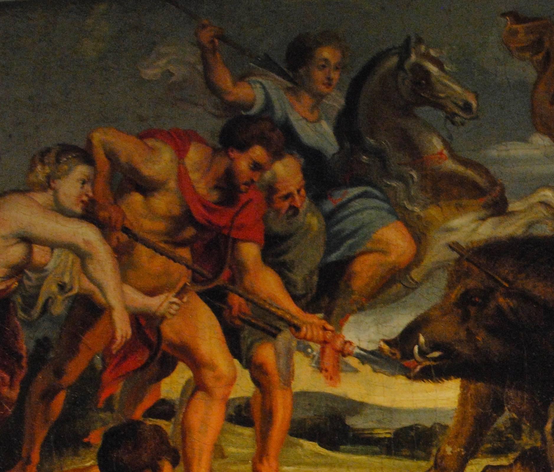 The Hunting of the Calydonian Boar,  suiveur de Peter Paul Rubens, 

Flemish Baroque Old Master oil on original canvas, c. 1630

The Calydonian Boar Hunt was painted by Rubens in 1611 or 1612.  
It was painted when the artist was in his mid-30s,