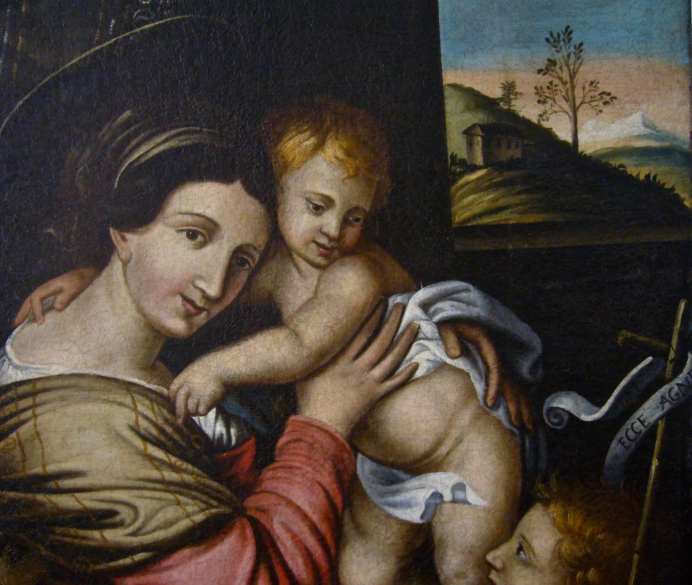 Madonna con Gesù Bambino e San Giovanni Battista - Madonna with Christ Child  - Black Portrait Painting by Giovanni Francesco Barbieri (Il Guercino)
