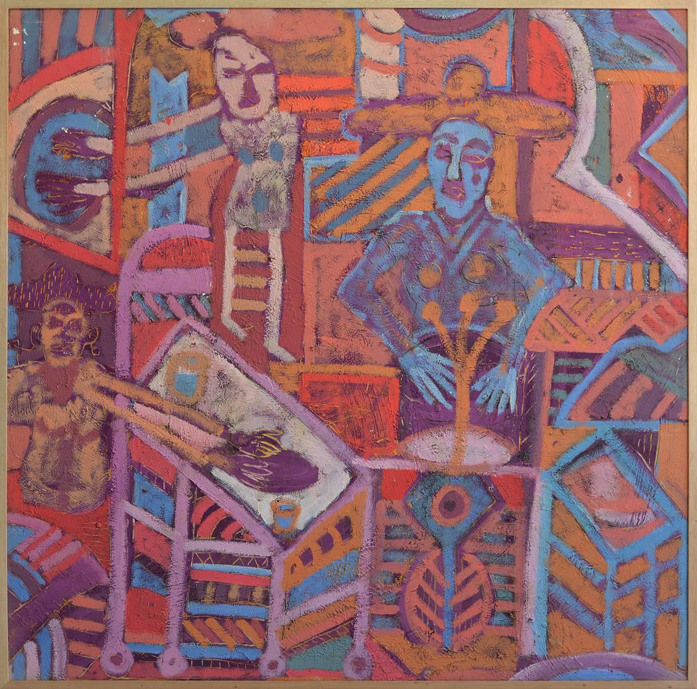 Alex Lazard Interior Painting - Beings of Light Abstract Expressionist Mexican Folkloric Dinner Oil on Linoleum 