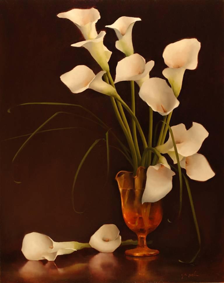 Gary Korlin Interior Painting - Calla Lilies in Amber Glass, Still Life Oil Painting