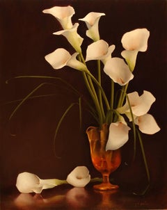 Calla Lilies in Amber Glass, Still Life Oil Painting