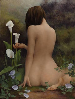 Amidst the Lilies - Nude Landscape Oil Painting, 2017
