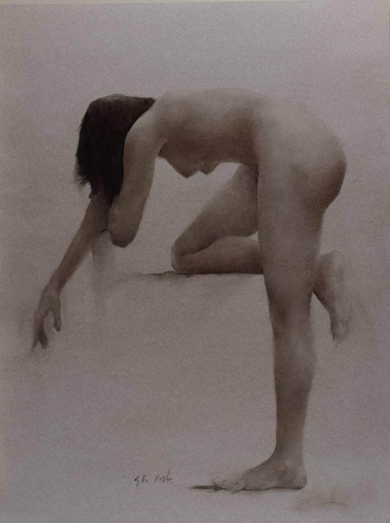 Gary Korlin Figurative Painting - Nude, Bending Knee Duo-chrome Oil Painting