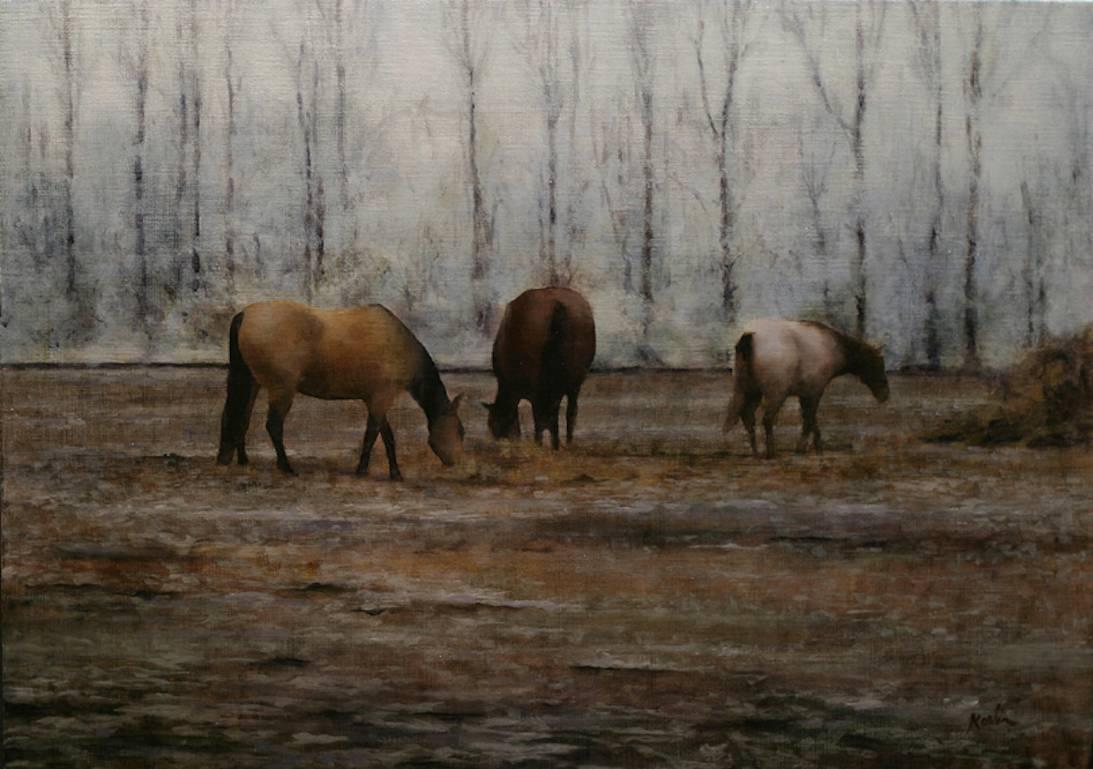 Gary Korlin Animal Painting - Frozen Paddock, Equestrian Oil Landscape Painting