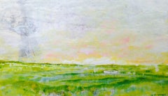 Dory in Green Marsh, Pink Sky; Encaustic Landscape Painting