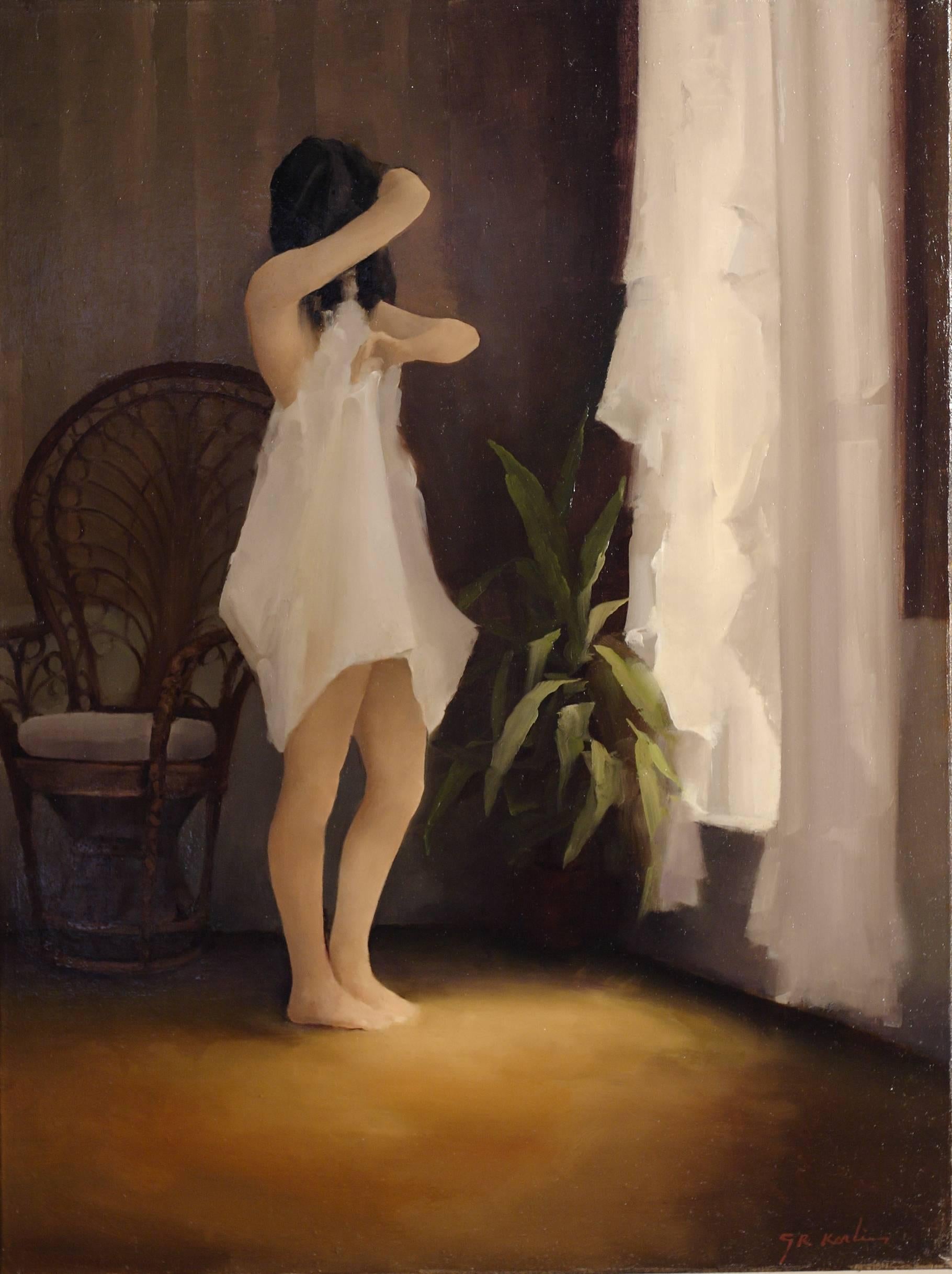 Gary Korlin Figurative Painting - The Light Undressing - Figurative Interior Oil Painting