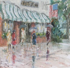 Rainy Day Umbrellas, The Grog- Oil Figurative Landscape Painting