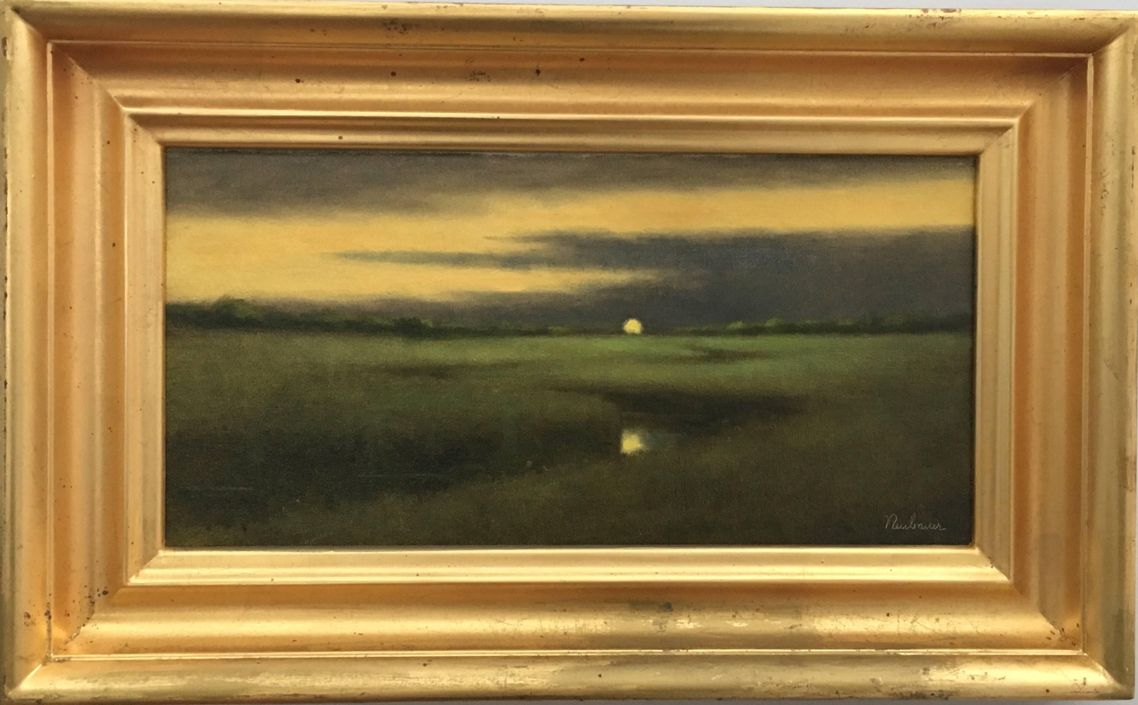 Across the Marsh, an original, signed Oil Landscape Painting on canvas by John D. Neubauer captures the ethereal stillness of an evening moonrise on the horizon of a lush green marsh against golden sky reflecting on a winding river, whose movement
