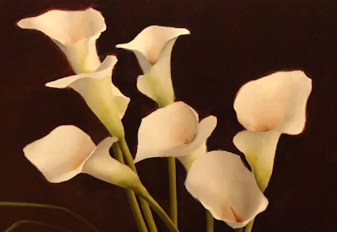 Calla Lilies in Amber Glass, Still Life Oil Painting - Black Interior Painting by Gary Korlin