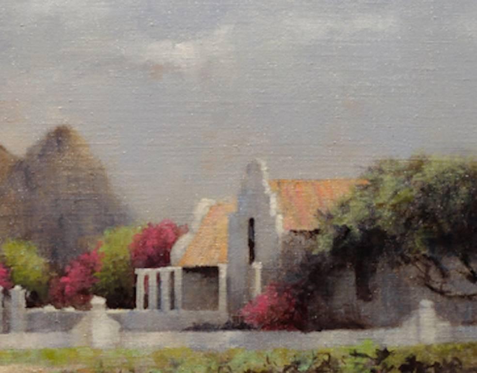 Farmhouse in South Africa, African Landscape Oil Painting - Gray Landscape Painting by Gary Korlin