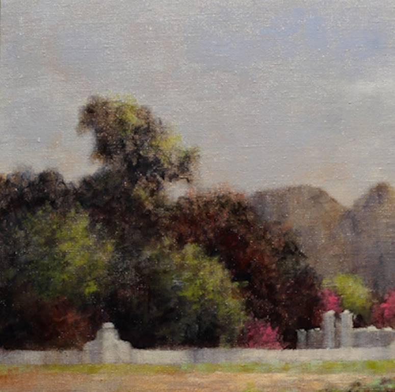 An original French Naturalist horizontal landscape painting with architectural element, oil on linen, by artist Gary Korlin (1956-) titled Farmhouse in South Africa, 2017. Refined brushwork details a peaceful mood filled canvas with robust