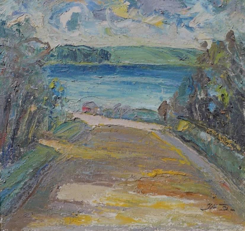 An original signed oil seascape/ landscape on canvas by an unknown artist circa 1951. Impasto textured brushwork, with lovely blues, greens and pops of yellow, orange. Depicting a path leading to water (ocean bay, lake or river) with a mountain/