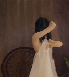 The Light Undressing - Figurative Interior Oil Painting
