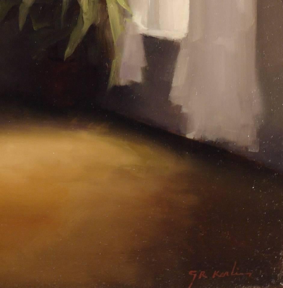 The Light Undressing - Figurative Interior Oil Painting For Sale 1