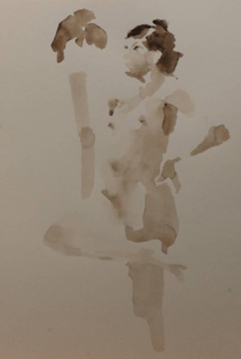 An original unsigned sepia watercolor on paper on board by American artist Gary Korlin (1956-) titled Nude Figures IV, 2017.  A romantic, classical style style sketch of the female form in varying tones of sepia watercolor; a study of the nude