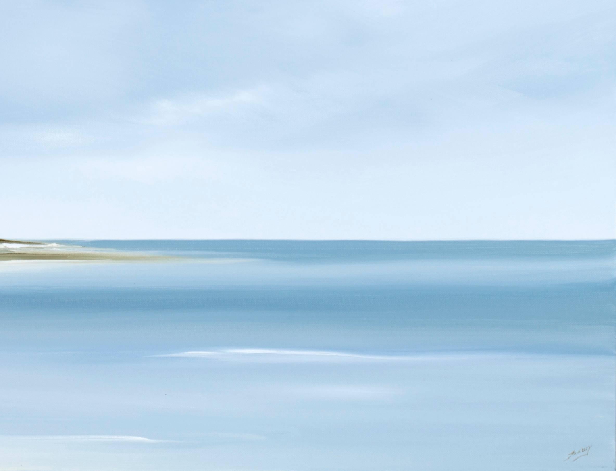 An original signed horizontal seascape landscape, oil painting on canvas, by renowned American artist Rick Fleury (1960-) titled Generation, 2017. A meditative landscape of minimalist style. Calming big blue sky and white wispy clouds; soft tan