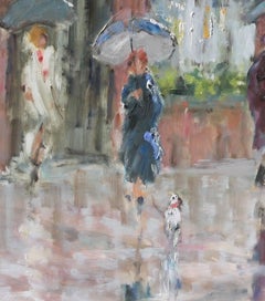 Rainy Day Umbrellas, The Grog- Oil Figurative Landscape Painting