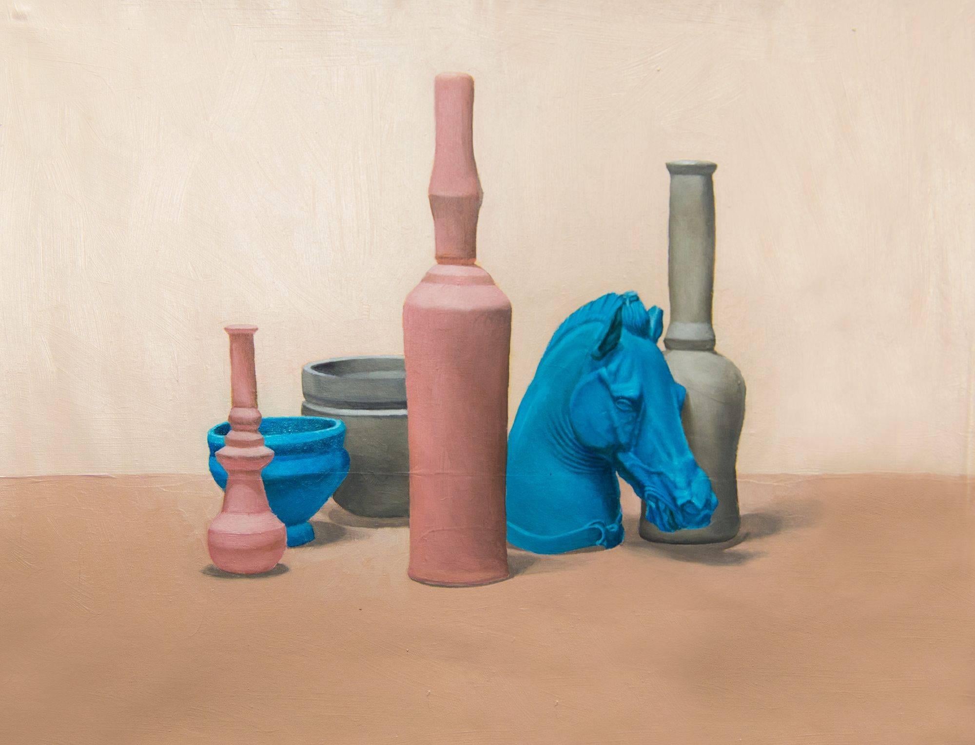 Paulo Jimenez Still-Life Painting - Still life with Horse and Bottles, Oil Painting on Canvas