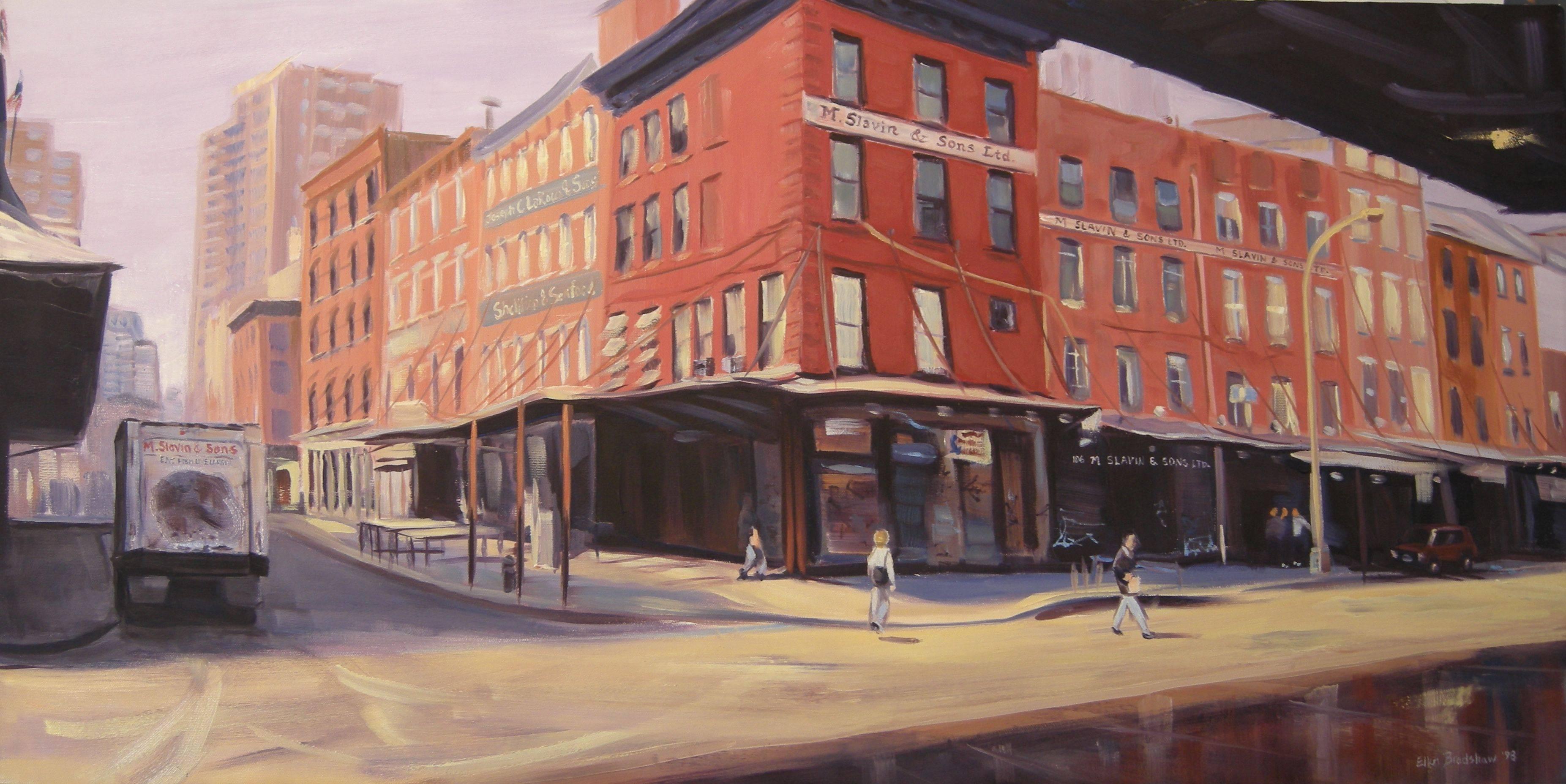 Ellen Bradshaw Figurative Painting - Slavin's, Fulton Fish Market, Oil Painting on Canvas