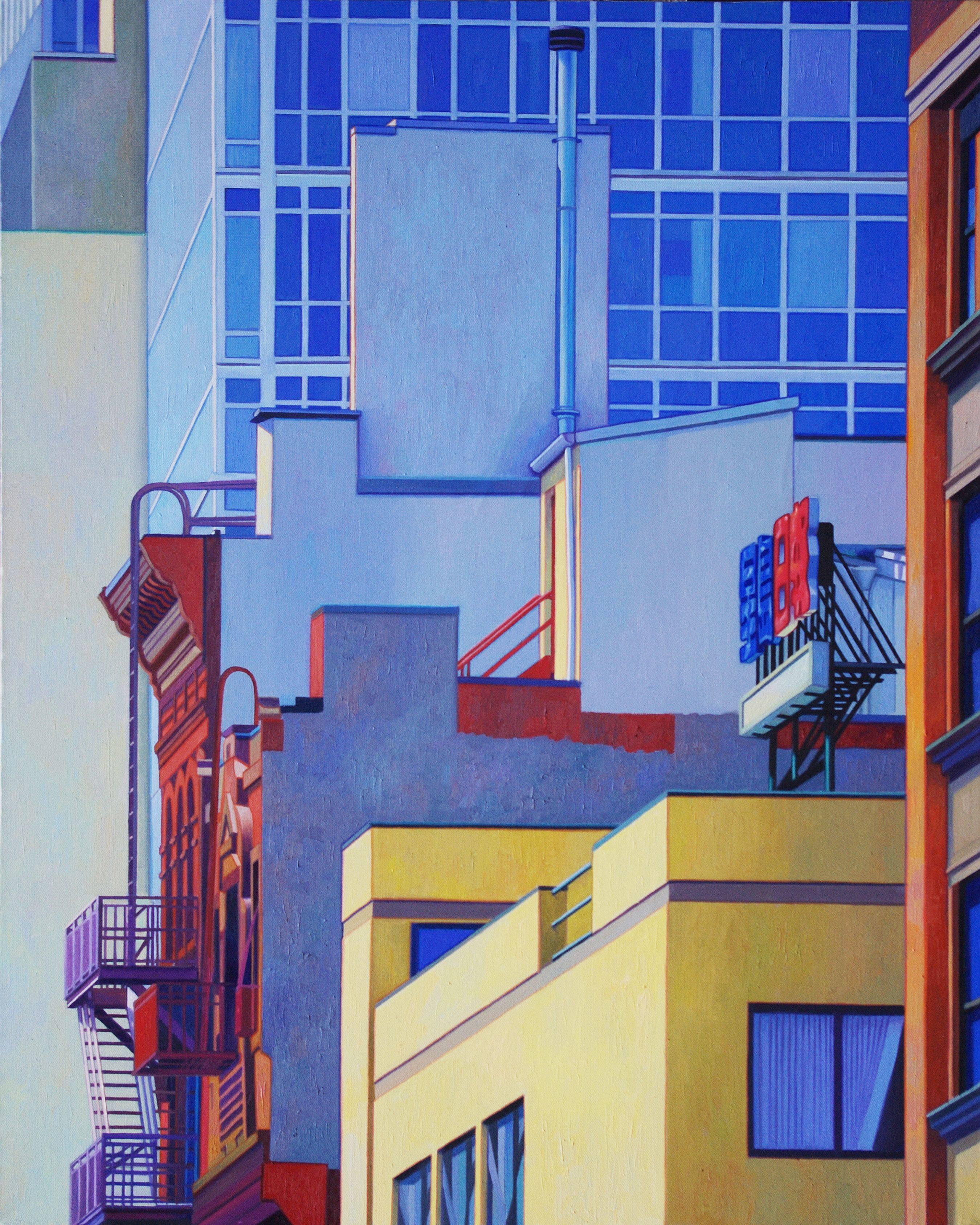 John Aquilino Figurative Painting - Red Stairway, Oil Painting on Canvas
