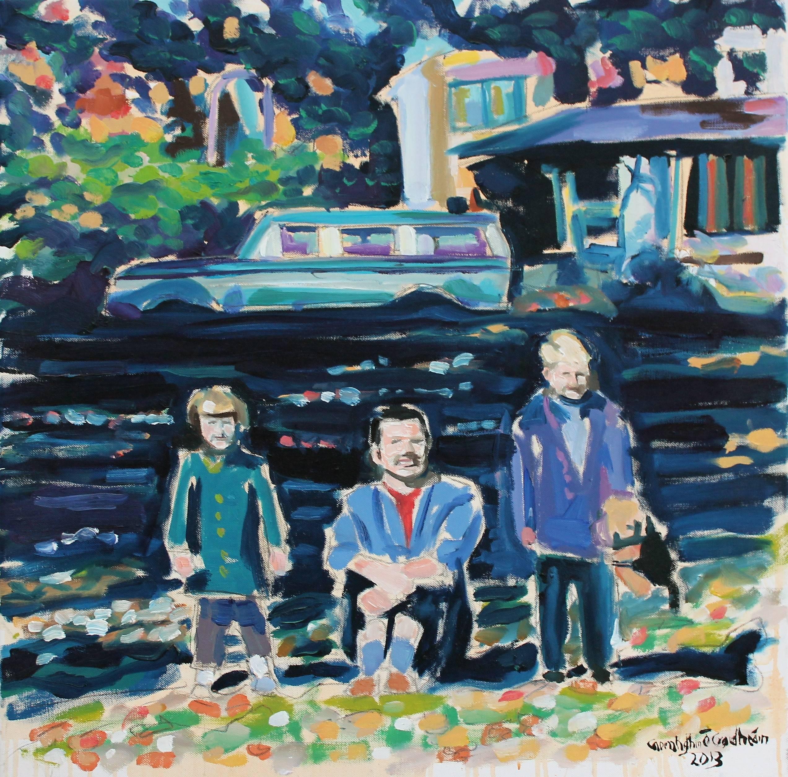 Caoimhghin Ó Croidheáin Portrait Painting – In einem Bostoner Park mit meinem Vater und meiner Schwester 1960er Jahre, Ölgemälde auf Leinwand